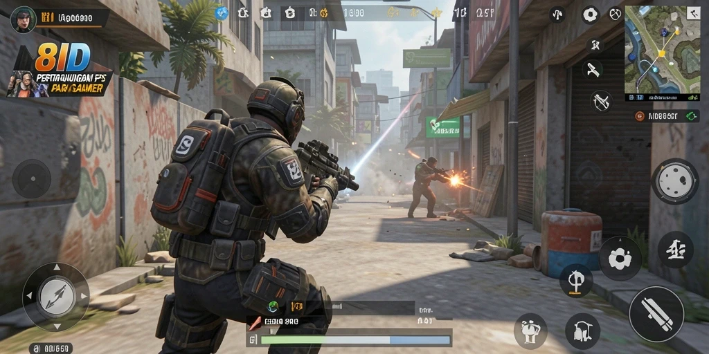 Screenshot gameplay 8ID menampilkan aksi menembak yang intens dan grafis yang menawan.