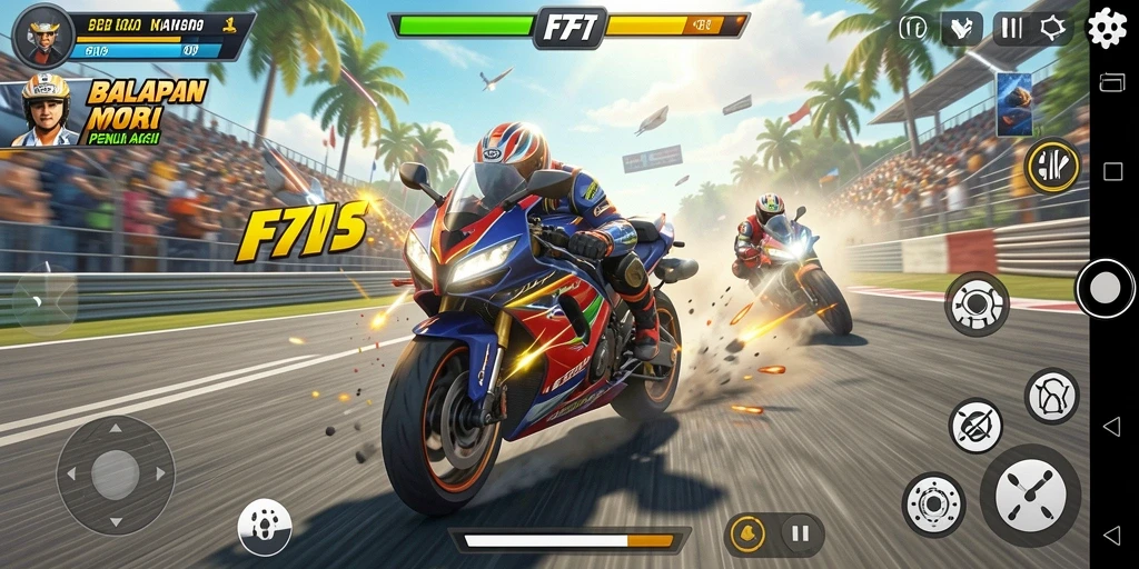 Screenshot gameplay F7F7 menampilkan balapan motor yang penuh aksi dan kecepatan.