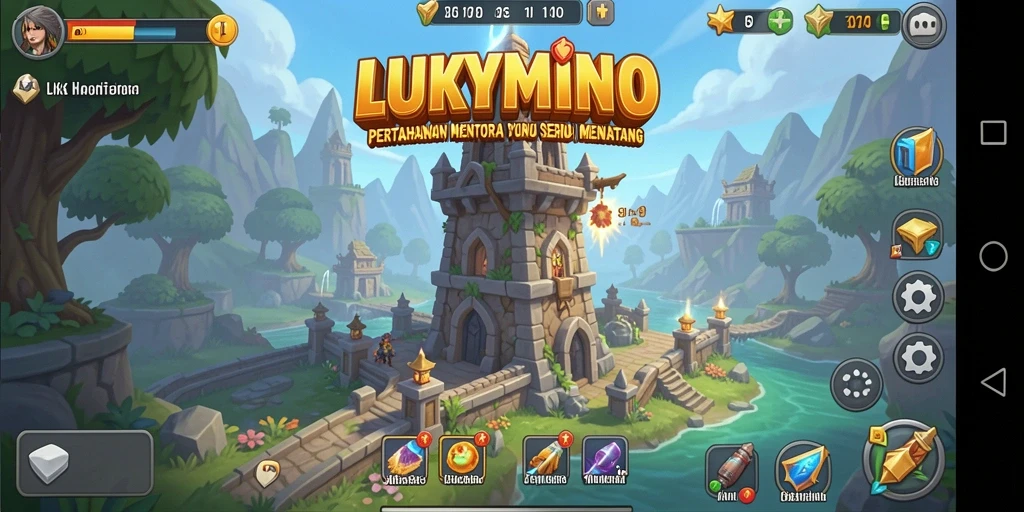 Screenshot utama menunjukkan aksi menara pertahanan melawan gelombang musuh.