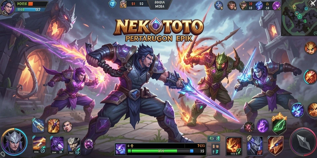 Screenshot NEKOTOTO menampilkan pertarungan intens di arena MOBA.