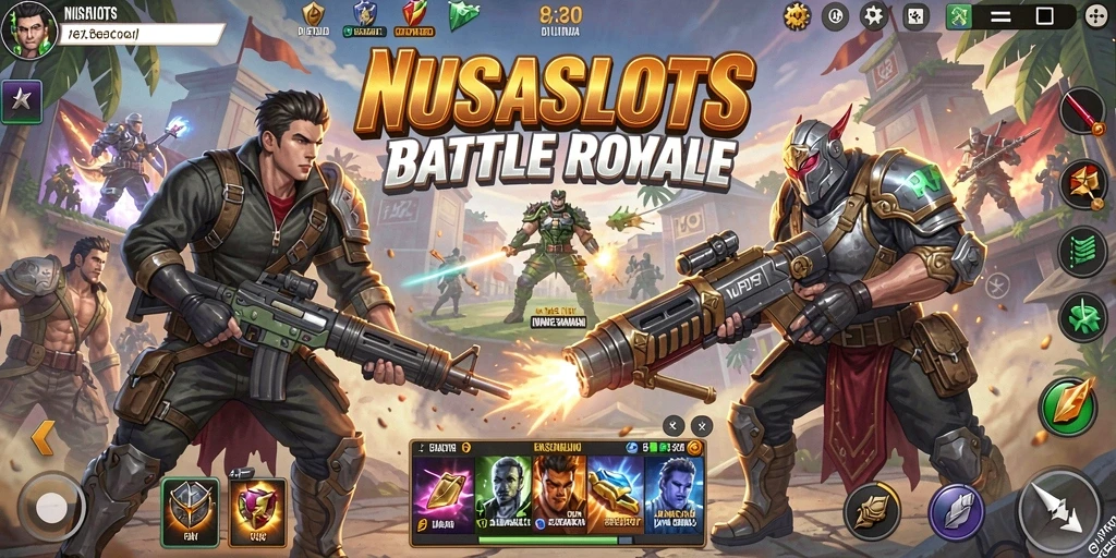 Tampilan gameplay seru dalam NUSASLOTS dengan aksi Battle Royale yang mendebarkan.