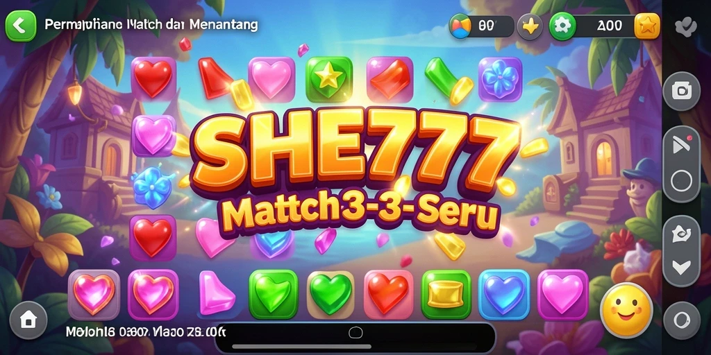 Tangkapan layar gameplay SHE777 menampilkan keseruan mencocokkan permata.