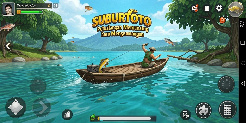 Tampilan gameplay SUBURTOTO saat menangkap ikan di danau.