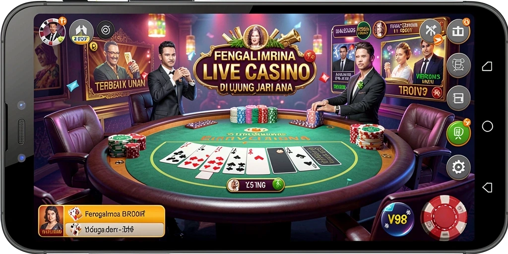 Screenshot gameplay V98 menampilkan dealer langsung dan interaksi dengan pemain.